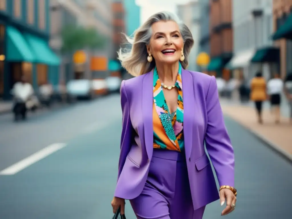 Mujer mayor elegante muestra su estilo en la ciudad, inspirando a renovar estilo en tercera edad