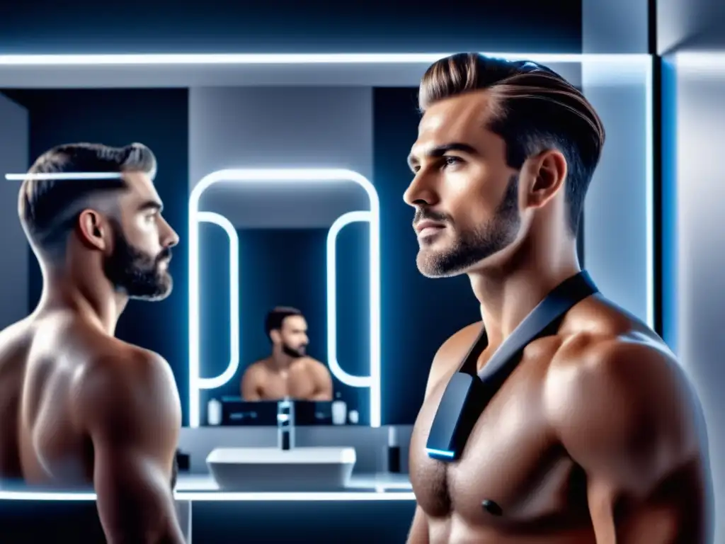 Moda inteligente masculina: Hombre moderno frente a un espejo de alta tecnología en un lujoso baño, con análisis de piel y control de temperatura