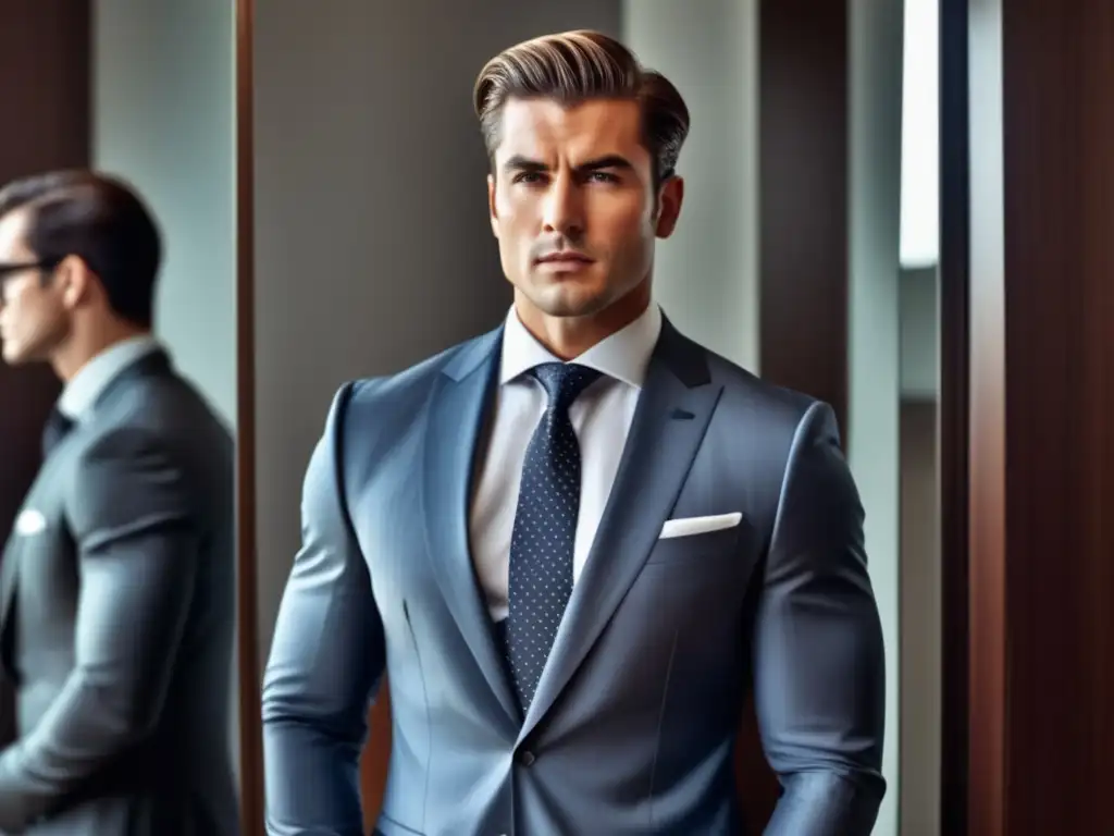 Hombre elegante frente al espejo, reflejando cambio de estilo masculino y potencial transformador en la vida