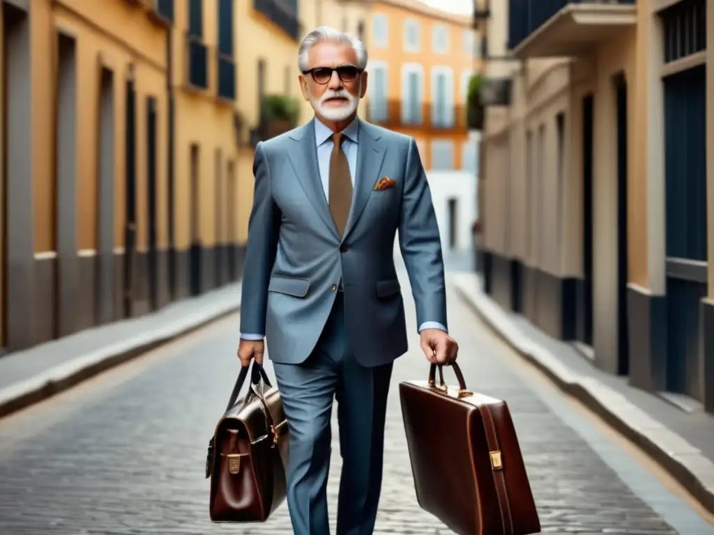 Hombre mayor elegante con traje a medida y accesorios esenciales, proyectando estilo y profesionalismo