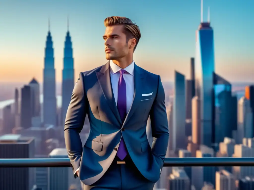 Moda masculina revolucionada: modelo elegante en traje frente a una ciudad vibrante