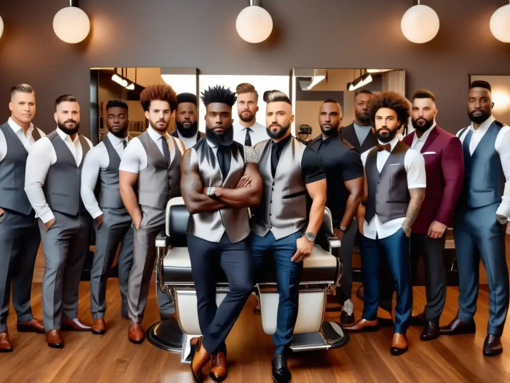 Grupo de hombres con peinados diversos en un salón moderno, representando el cuidado personal masculino con Ecommerce