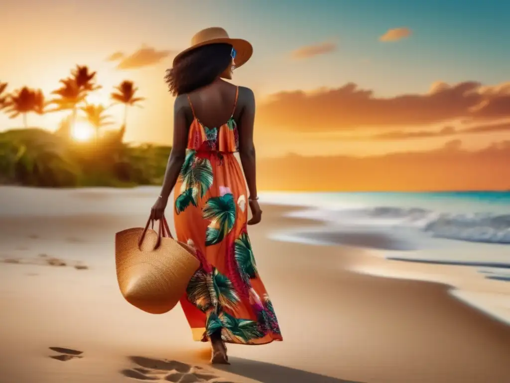 Consejos para destacar en tus vacaciones de verano con estilo: mujer elegante en la playa al atardecer con accesorios de moda