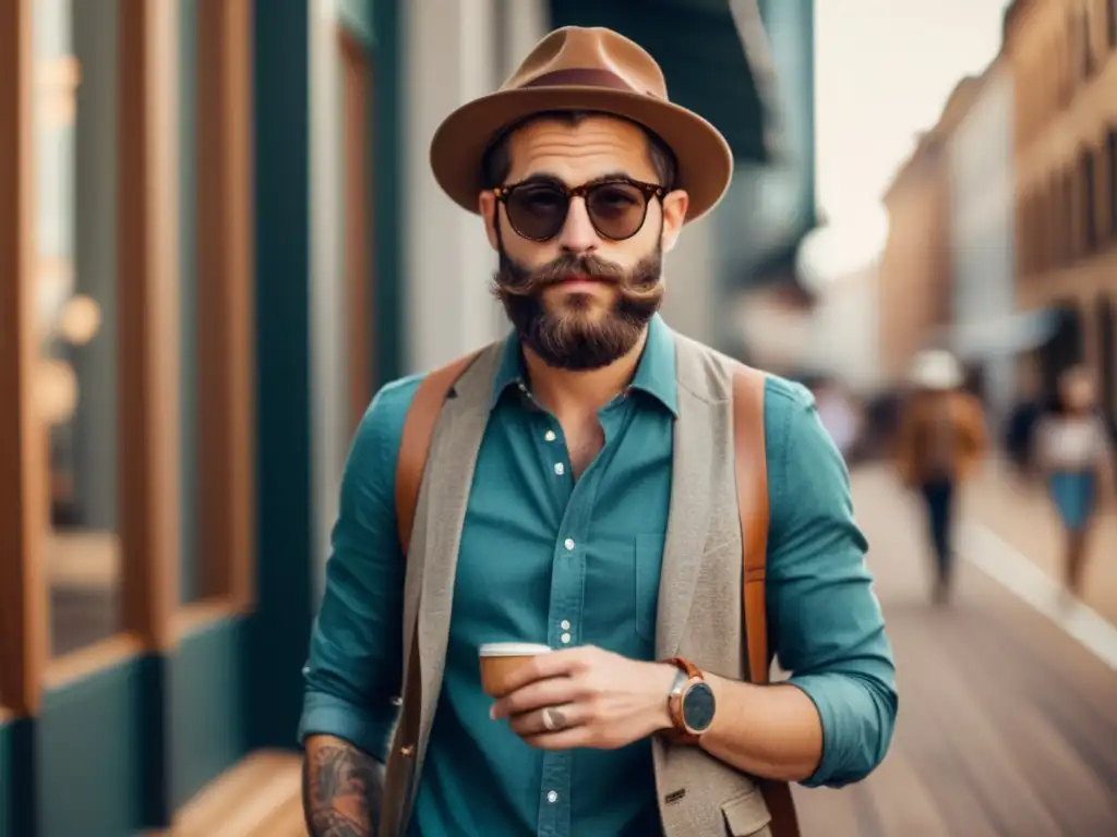 Hipster moderno con accesorios imprescindibles en entorno urbano