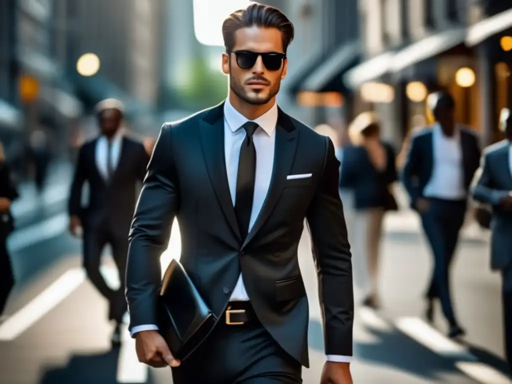 Moda masculina para viaje urbano: hombre elegante caminando por la ciudad con un traje negro y maletín de cuero