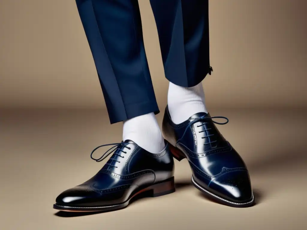 Guía de estilo: zapatos negros de cuero con brogue, calcetines blancos, traje azul marino, camisa blanca y corbata negra en un entorno minimalista