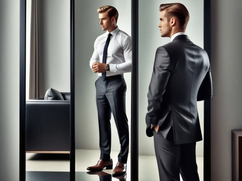 Hombre elegante reflexionando en espejo, moda masculina y autoestima