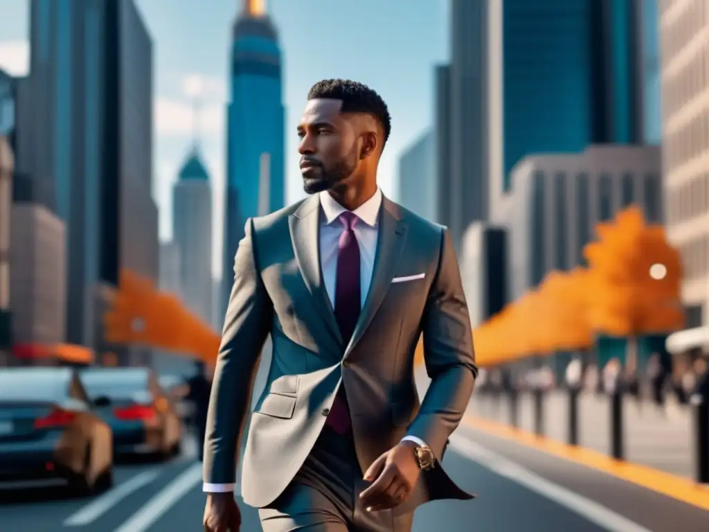 Elegante hombre moderno caminando en una ciudad vibrante Estilo hombre moderno viaje ciudad: Imagen 8k de un hombre elegante caminando confiado por una animada calle urbana