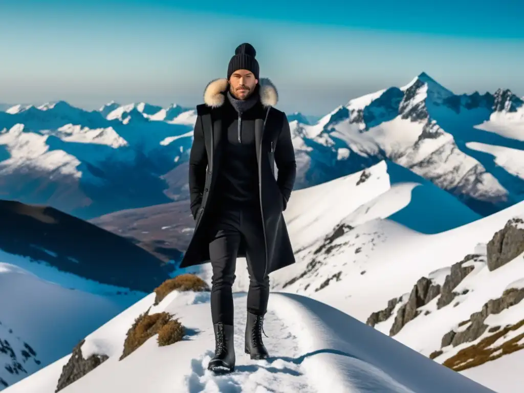 Hombre moderno en la cima de una montaña nevada Moda hombre en la montaña: estilo impecable