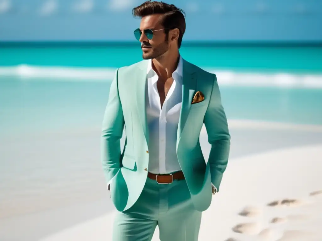 Un hombre elegante en la playa con traje de lino, destacando la importancia de vestir bien en vacaciones de playa