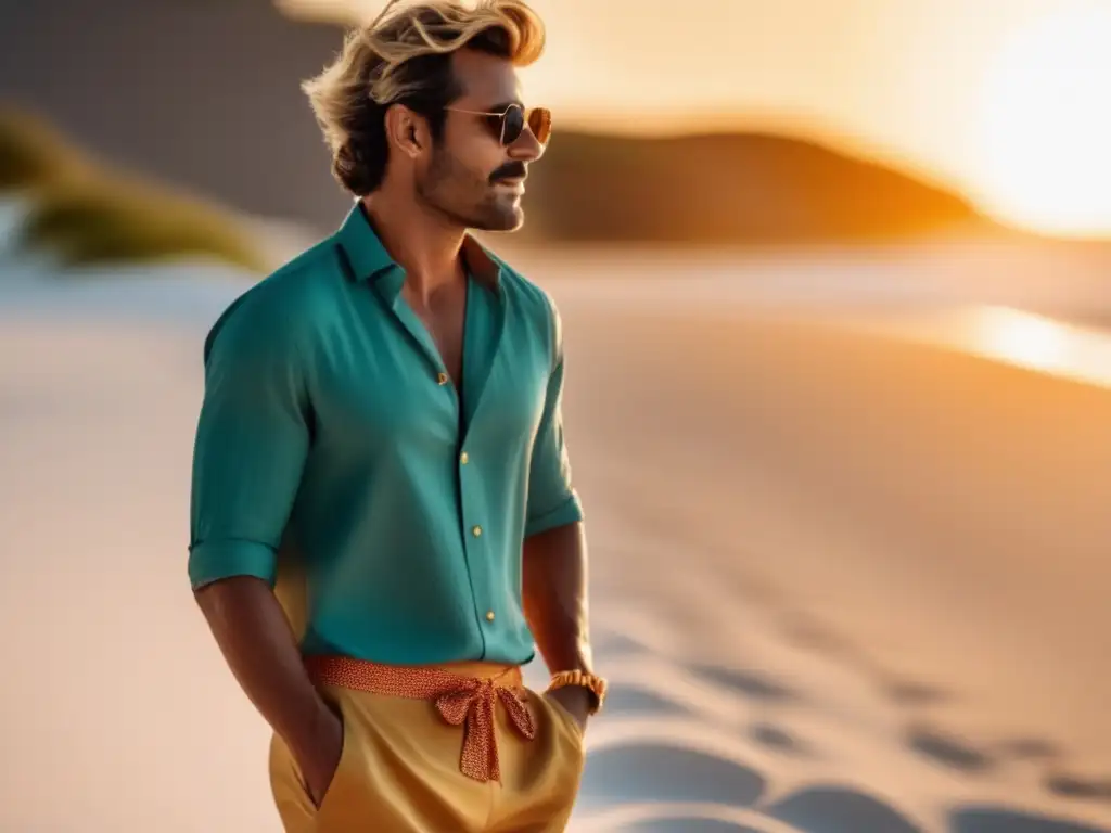 Hombre elegante en playa con moda masculina playera