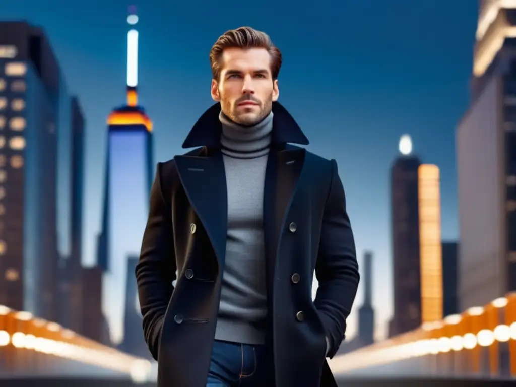 Moda hombre urbano tendencias - Hombre elegante con abrigo negro y atuendo invernal, en una ciudad vibrante