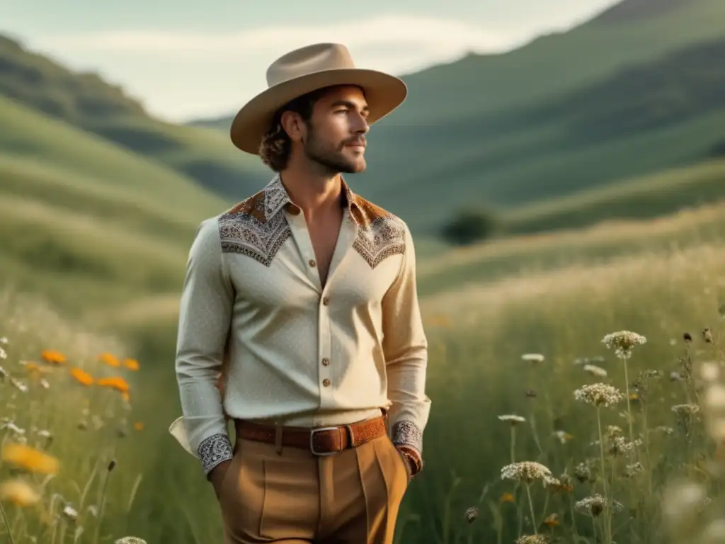 Tendencias moda masculina estilo Boho Chic en imagen de influencer en pradera soleada rodeado de naturaleza y flores silvestres