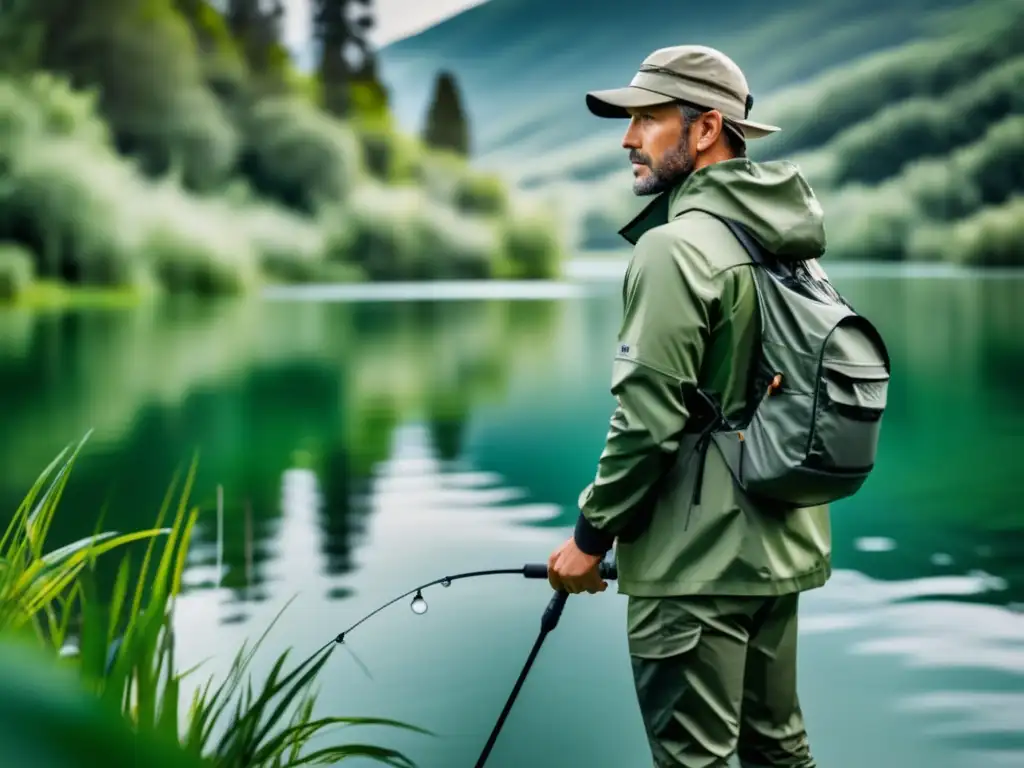 Equipamiento pesca masculino estiloso en lago sereno