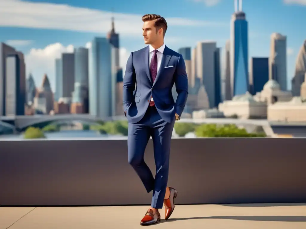 Combinación de zapatos y outfit para hombres con estilo y modernidad, destacando un traje azul marino y zapatos de cuero marrón