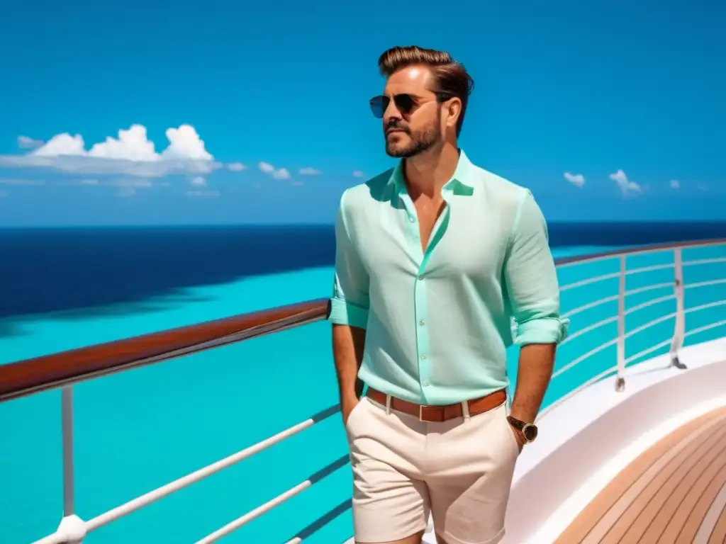 Consejos moda masculina para viajes en crucero: viajero elegante en cubierta de barco lujoso, fondo aguas turquesas y cielo despejado