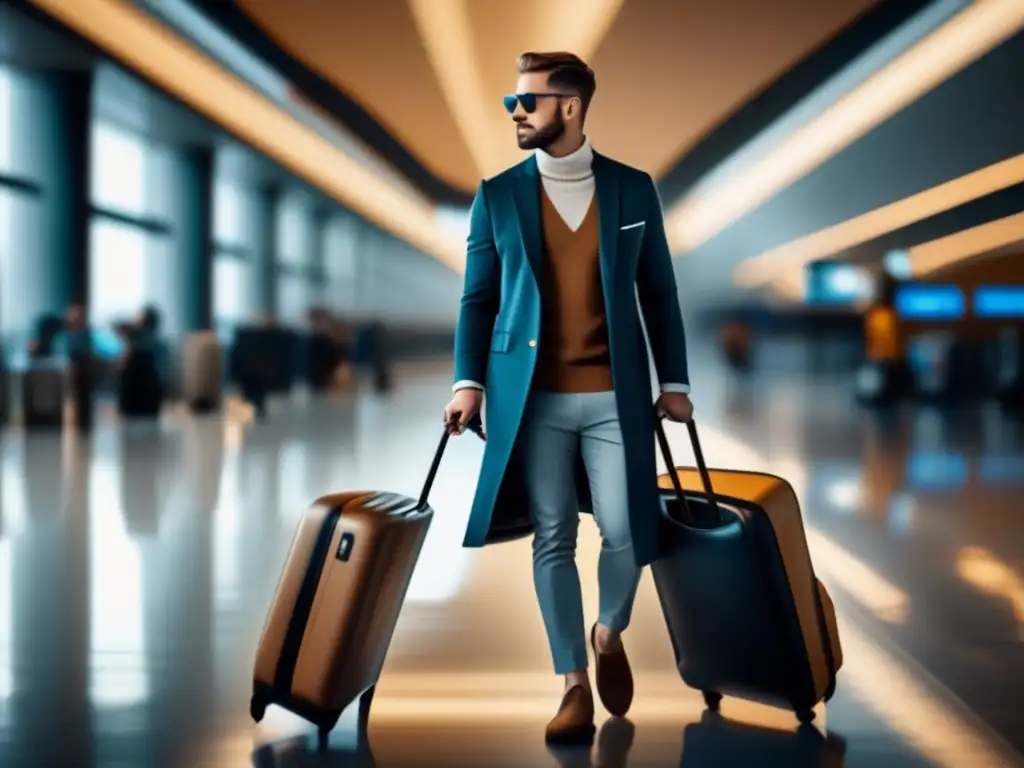 Viajero elegante y minimalista en terminal de aeropuerto, consejos para viajar ligero con estilo