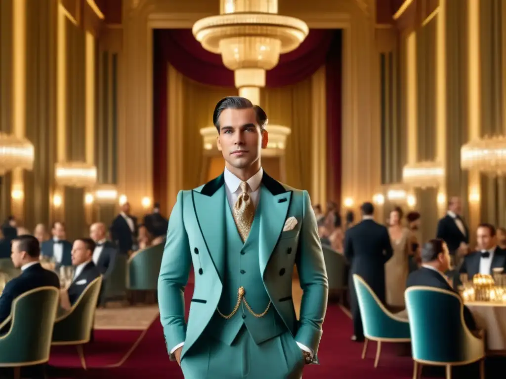 Moda masculina en The Great Gatsby - Hombre elegante en traje de los años 20 en un lujoso salón de baile Art Deco