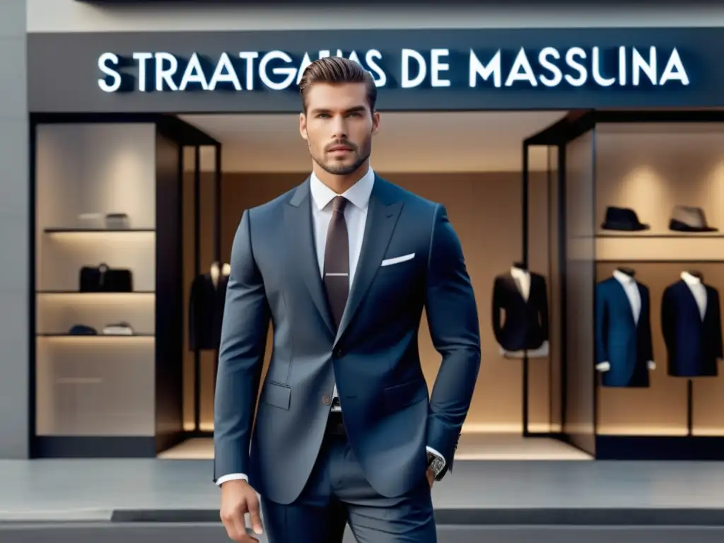 Modelo masculino elegante frente a una tienda moderna de moda masculina