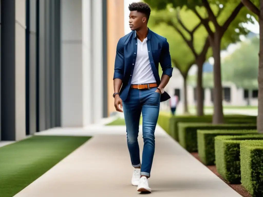 Consejos moda masculina universidad: Estudiante universitario seguro y a la moda, caminando en el campus con estilo