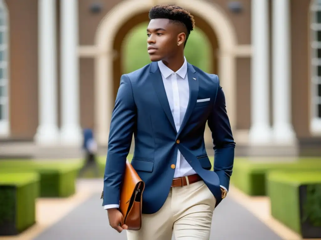 Joven estudiante universitario con estilo, moda masculina y arquitectura universitaria