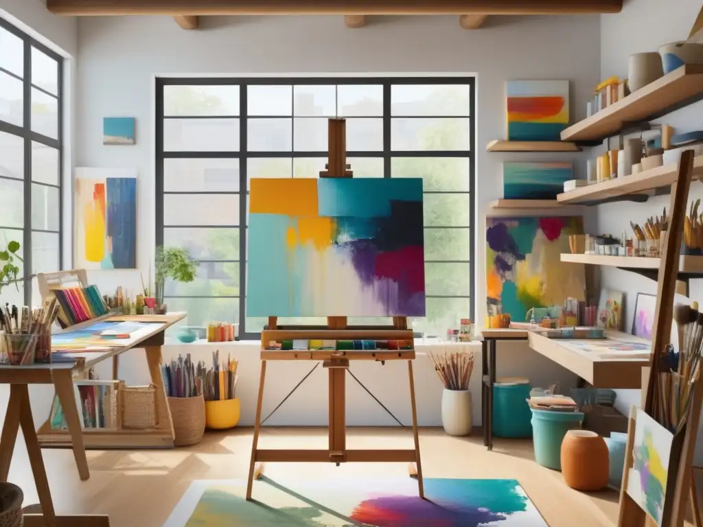 Estudio de artista moderno: luz natural, colores vibrantes, ordenado y equipado con suministros de arte