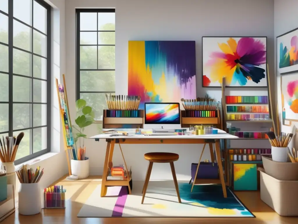 Estudio de artista con colores y texturas: Estilo creativo con pinceles, pinturas y suministros de arte en un espacio lleno de luz natural