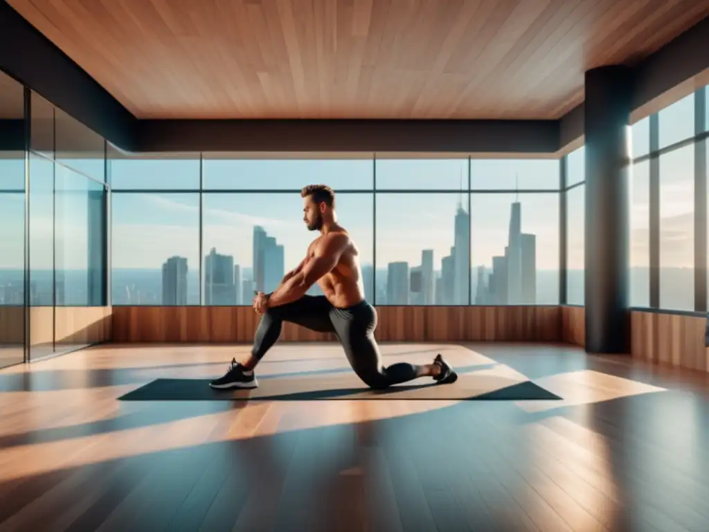 Fitness estudio moderno con hombre musculoso realizando ejercicios de flexibilidad - Consejos de entrenamiento para hombres modernos