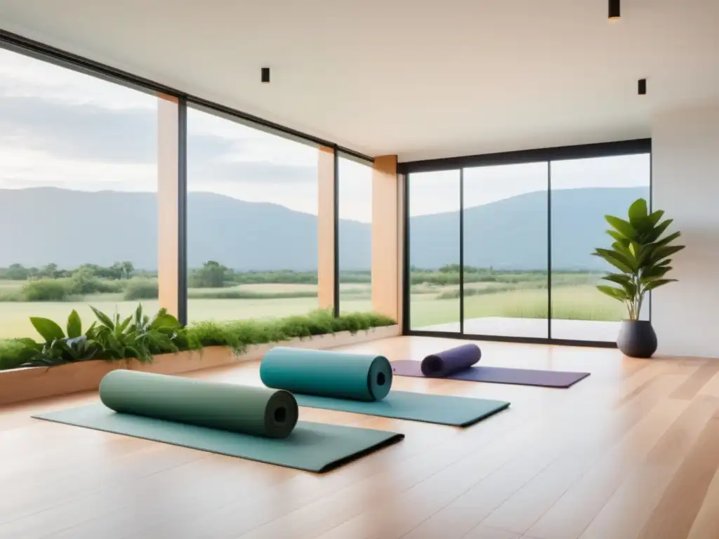 Estudio de yoga moderno con ventanales y paisaje sereno