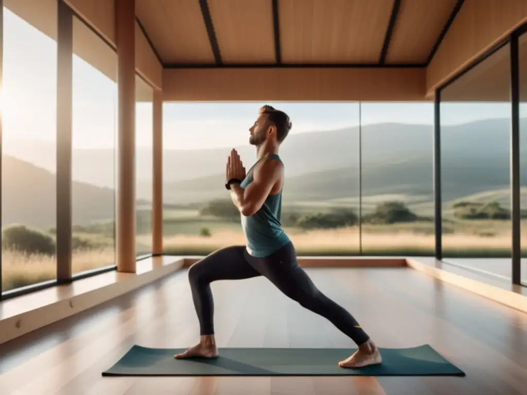 Estudio de yoga moderno con vista panorámica y yogi masculino en postura compleja