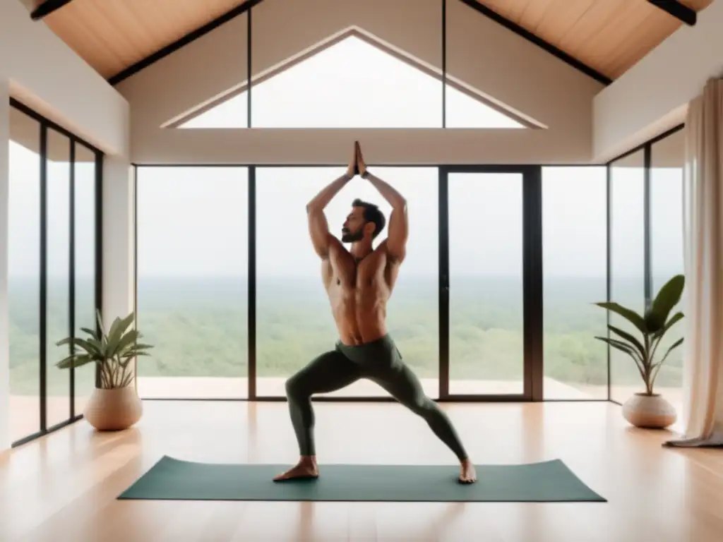 Beneficios yoga hombres estresados: estudio sereno, instructor lidera práctica con confianza, grupo diverso enfocado y tranquilo