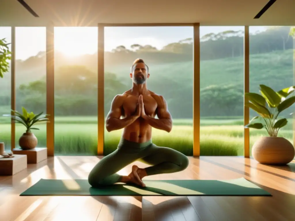 Estudio de yoga sereno con ventanas panorámicas y un instructor masculino realizando una pose desafiante