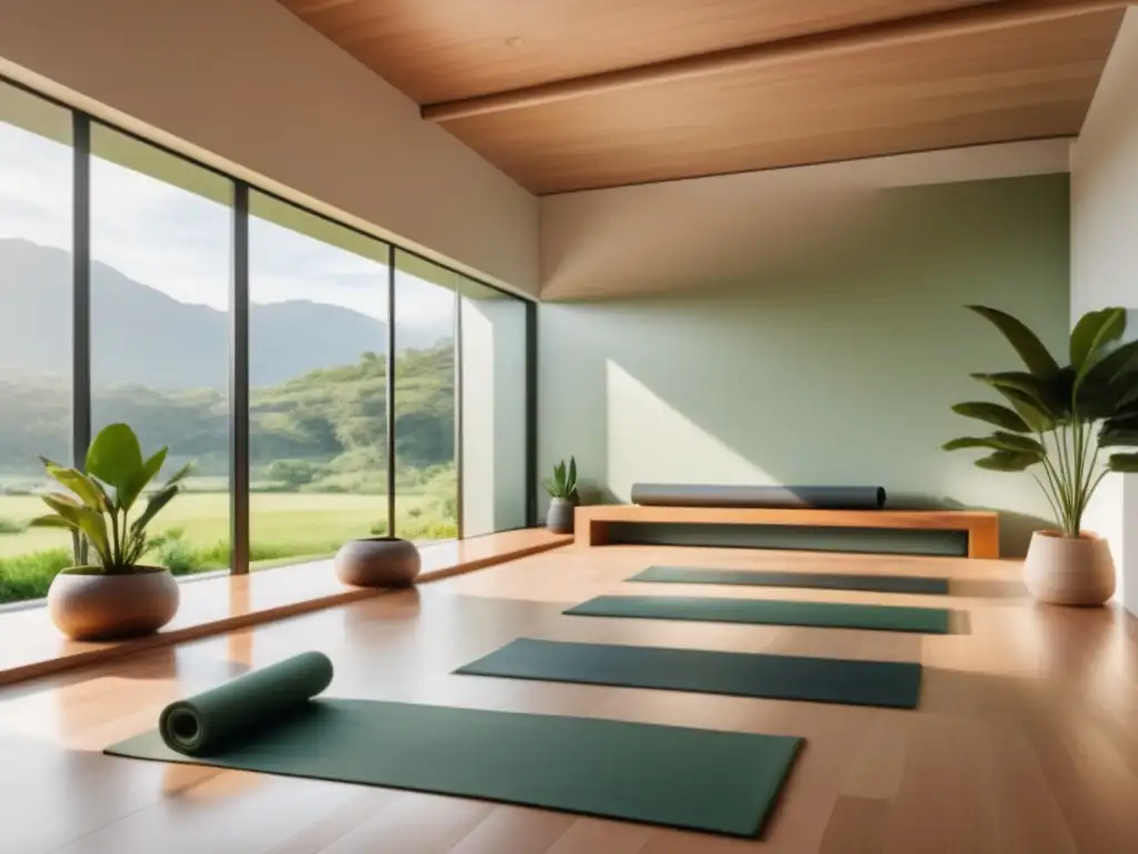 Estudio de yoga sereno con vista panorámica, decoración minimalista y beneficios del yoga para la piel