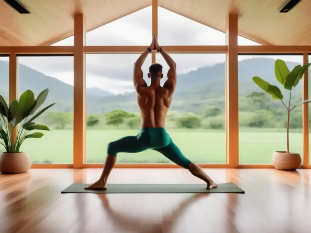 Estudio de yoga sereno con vista a paisaje verde - Beneficios del yoga para hombres