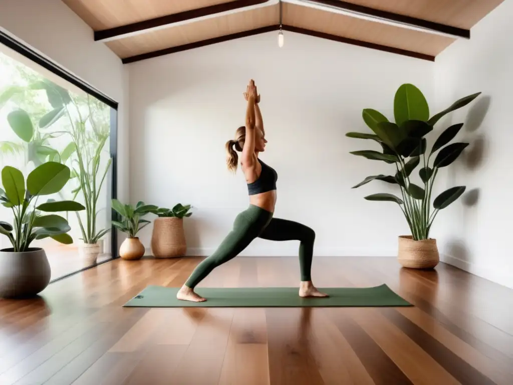 Yoga en estudio moderno con luz natural y plantas verdes: Beneficios del yoga para la piel