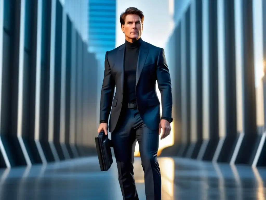 Tendencias de moda masculina en películas de espías: Ethan Hunt en un traje negro vanguardista y futurista, con toques de azul vibrante