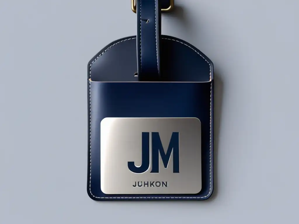 Etiqueta de equipaje personalizada de cuero premium Equipaje masculino personalizado: etiqueta de cuero de diseño moderno con iniciales JM, detalles metálicos y fondo degradado en azul y gris