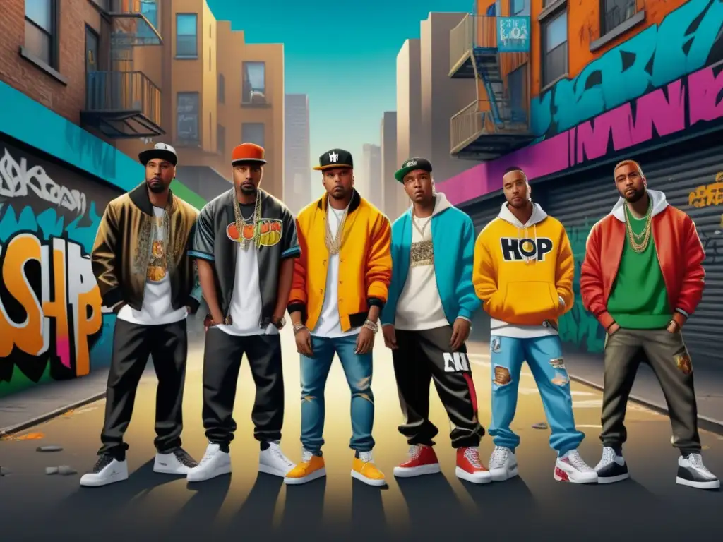 Tendencias de moda masculina HipHop a lo largo de los años: Una imagen vibrante y dinámica captura la esencia de la evolución de la moda HipHop