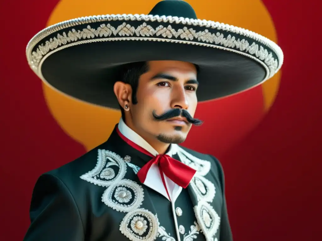 Tendencias moda masculina México: Hombre mexicano en traje de charro negro con bordados, sombrero y corbata roja, fusionando tradición y modernidad