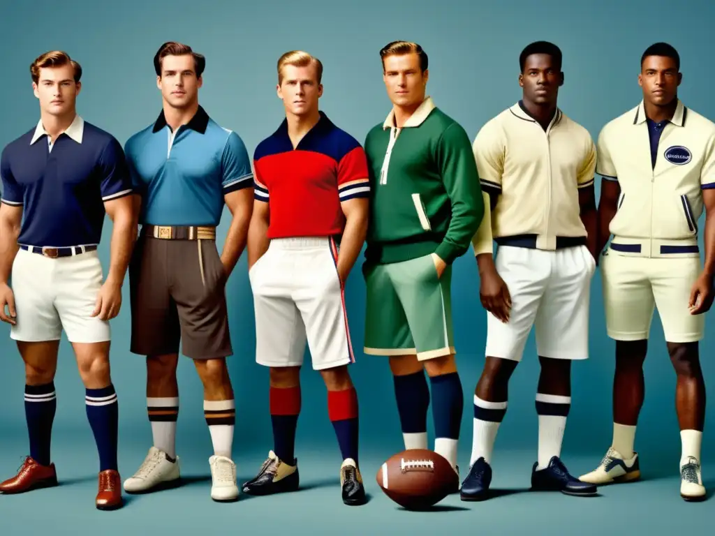 Evolución moda masculina deportiva: Jersey fútbol vintage, traje tenis clásico, camiseta baloncesto icónica y atuendo deportivo futurista