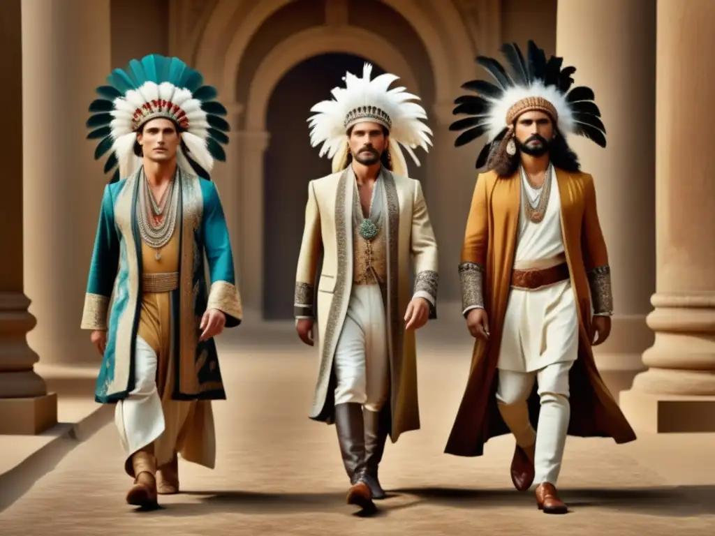 Cambios en moda masculina a lo largo de la historia: tres hombres representando diferentes épocas en una pasarela