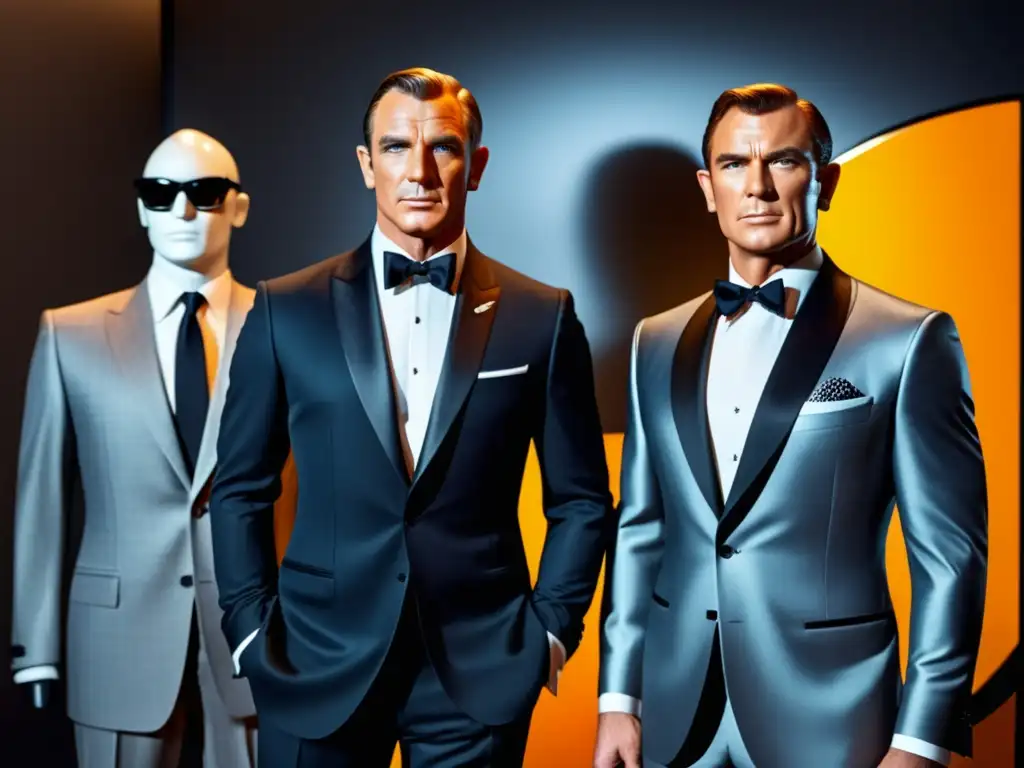 Influencia de James Bond en moda: Tres maniquíes visten trajes icónicos de Bond, representando su estilo clásico, elegancia impecable y modernidad