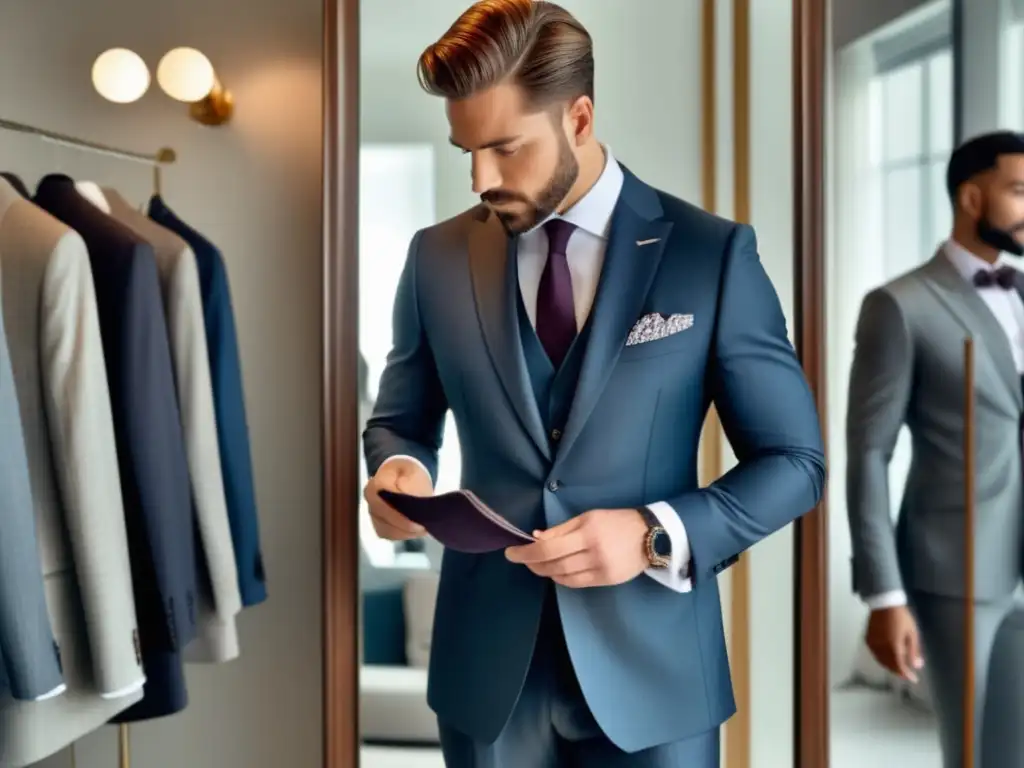 Hombre elegante inspeccionando traje de segunda mano, resaltando ventajas de moda masculina (110 caracteres)