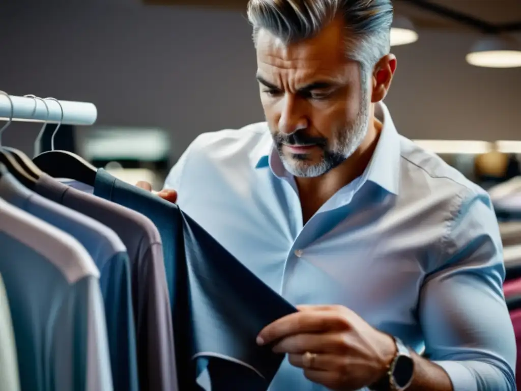 Cómo identificar publicidad engañosa moda masculina: Hombre examinando minuciosamente una camisa en una tienda de ropa