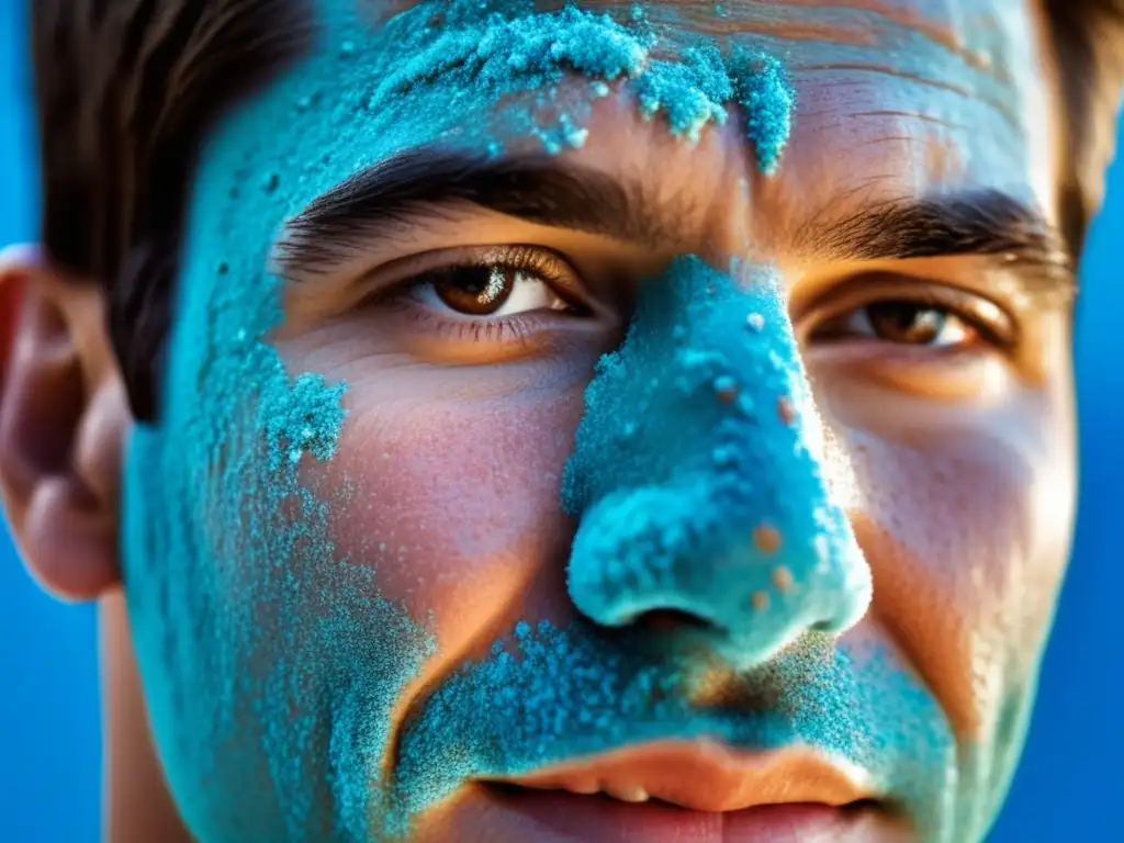 Importancia exfoliación masculina: rostro limpio y suave, eliminando impurezas con scrub azul efectivo y naturalmente iluminado