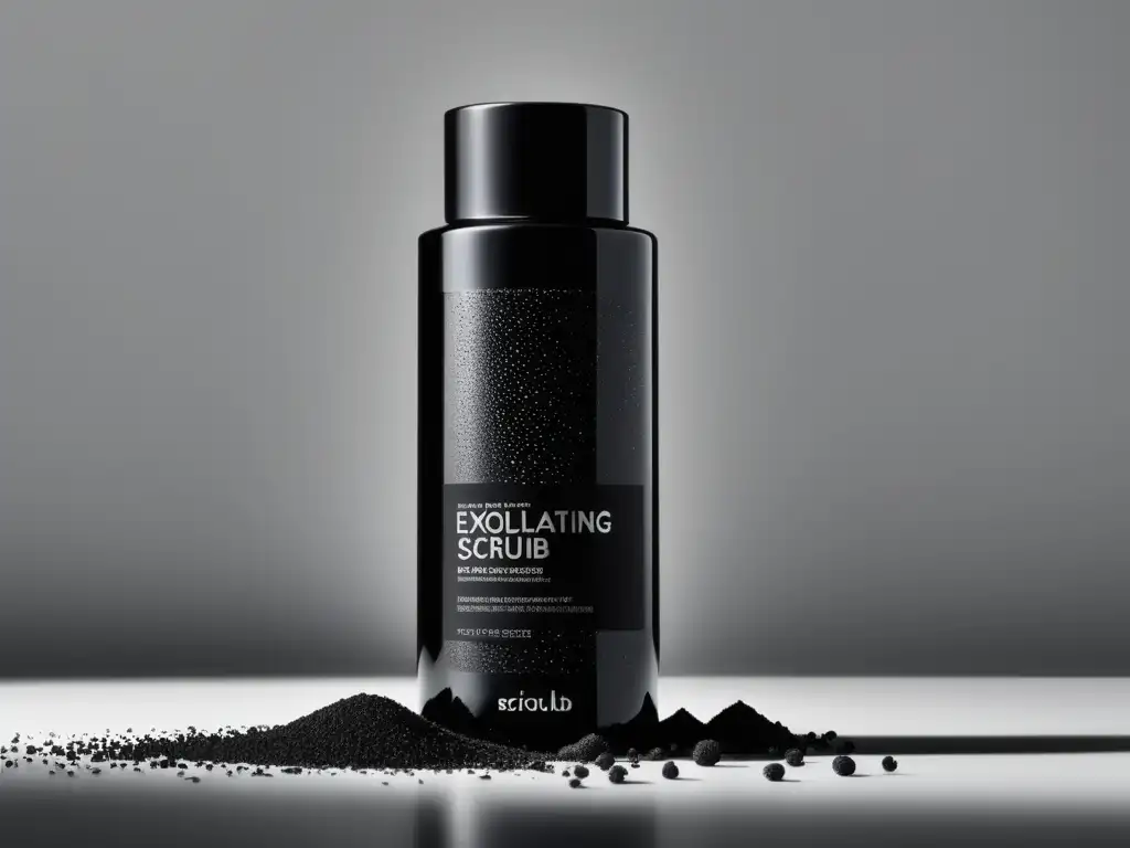 Mejor exfoliante para piel masculina - Botella negra de exfoliante con etiqueta minimalista y elegante, textura visible, fondo blanco