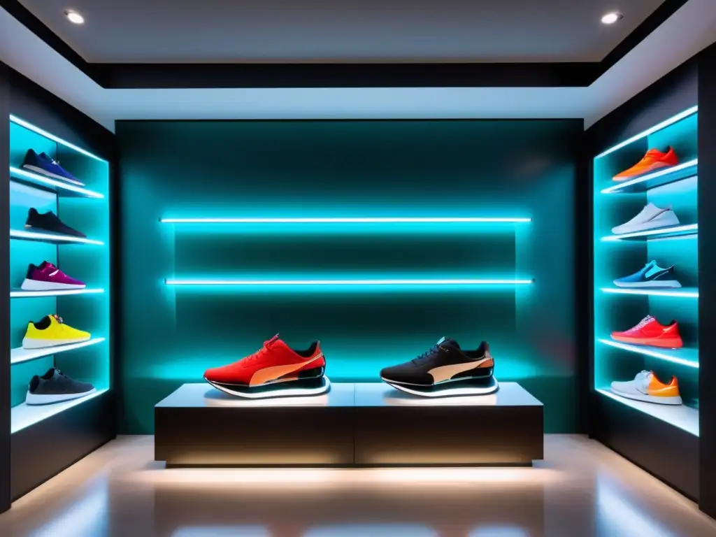 Tendencias calzado masculino 2022: exhibición de zapatillas de lujo vibrantes y modernas en boutique sofisticada