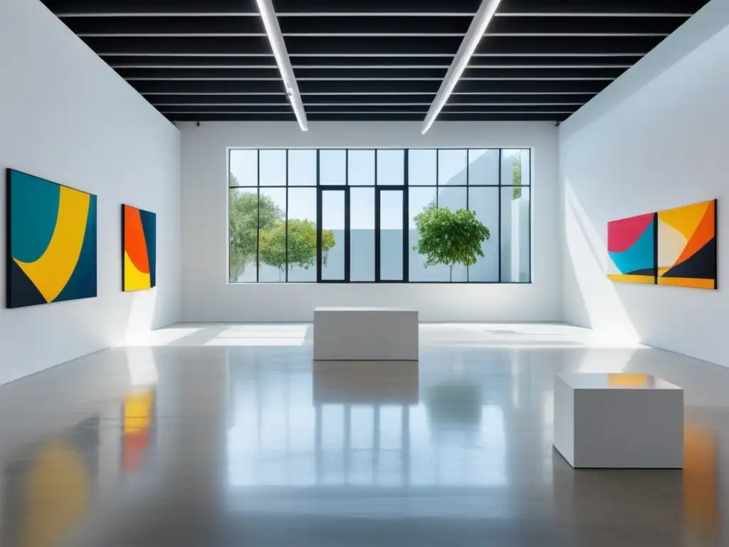 Guía de estilo para exposición de arte en una elegante galería con obras contemporáneas y mobiliario minimalista