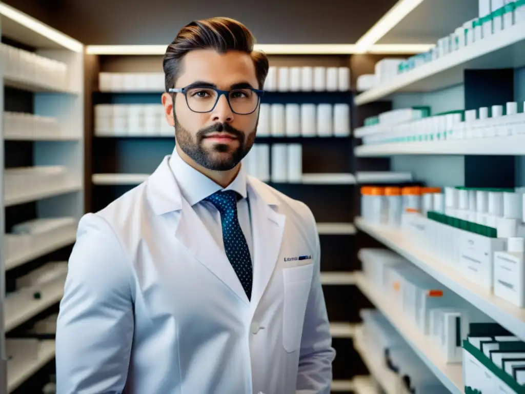 Tendencias moda masculina farmacia: Farmacéutico elegante en una moderna farmacia, con estanterías organizadas y productos de cuidado