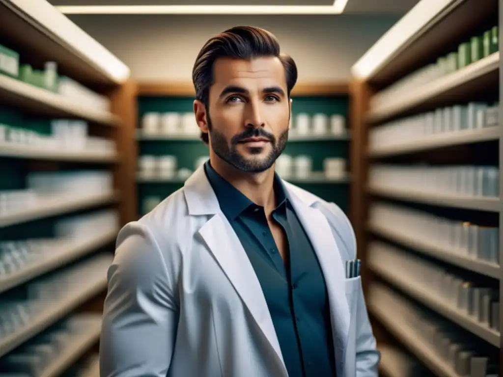 Tendencias moda masculina farmacia: Farmacéutico elegante en una farmacia moderna, con estanterías organizadas y productos farmacéuticos